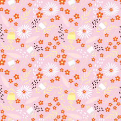 Seamless pattern with flowers on a pink background. Vector illustrations