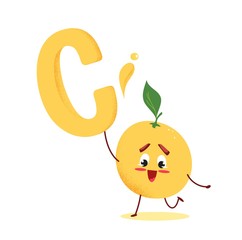 Cute cartoon orange fruit holding big letter C. Vitamin C vector illustration