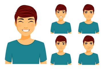 Set of emotions. A young man shows different emotions. Confused, smirk, angry, happy. Flat style on white background. Cartoon.