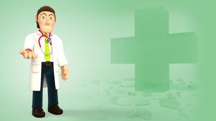 Cartoon doctor wearing a stethoscope giving a pill on a green background with medical cross and pills 3d rendering