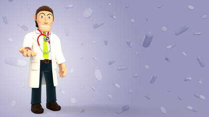Cartoon doctor wearing a stethoscope giving a pill on a purple background with falling pills and tablets 3d rendering