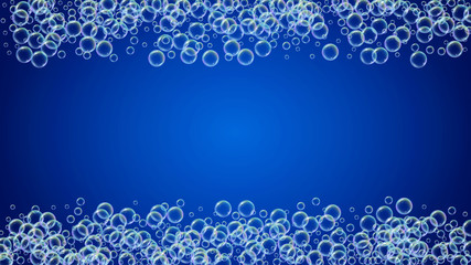Fizz background with shampoo foam and soap bubbles. 3d vector illustration layout. Stylish spray and splash. Realistic water frame and border. Blue colorful liquid fizz.