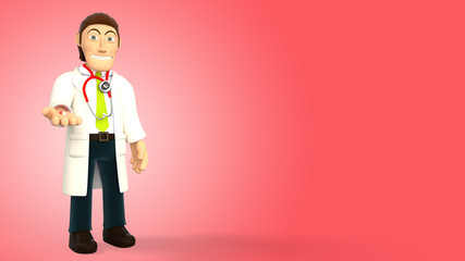 Cartoon doctor wearing a stethoscope giving a pill on a red gradient background 3d rendering