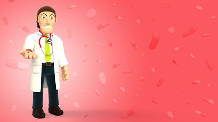 Cartoon doctor wearing a stethoscope giving a pill on a red background with falling pills and tablets 3d rendering