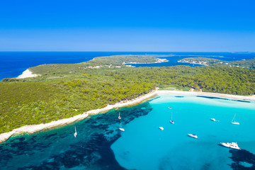 Aerial view of beautiful azure turquoise lagoon bay on Sakarun beach on Dugi Otok island, Croatia, beautiful seascape and popular tourist destination - obrazy, fototapety, plakaty