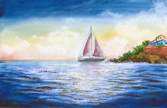 Watercolor picture of a sailing  boat with beautiful scenic coast and colorful town