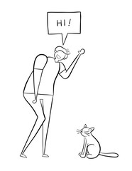 Adam says hi to the cat, hand-drawn vector illustration. Black outlines, white