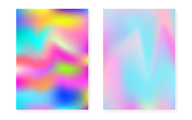 Holographic cover set with hologram gradient background. 90s, 80s retro style. Iridescent graphic template for brochure, banner, wallpaper, mobile screen. Fluorescent minimal holographic cover.