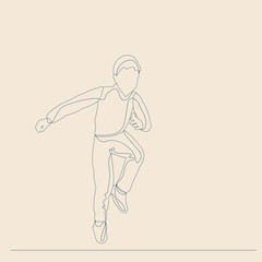 child with lines, on a beige background, a boy jumping