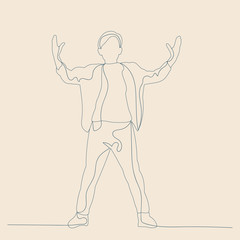  isolated, sketch of a child with lines, on a beige background, the boy rejoices