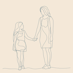 vector isolated sketch of mom and daughter