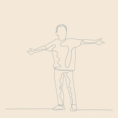 vector, isolated, sketch of a child with lines, on a beige background, the boy rejoices