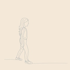 vector, isolated, sketch of a child with lines, on a beige background, a girl is walking