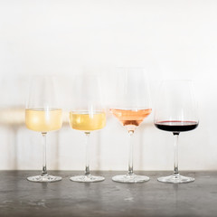 Variety of wine types. Light and full-bodied white, rose and red wine in glasses in row over concrete table, white wall background, copy space. Wine list, wine boutique or degustation, square crop