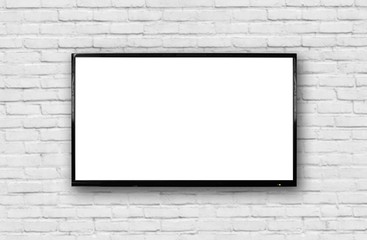 LCD TV with a thin black frame hanging on a white brick wall. Blank white screen. Isolated on white background