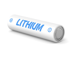 3d rendered single lithium aa battery on a white background.