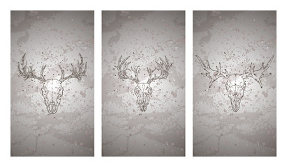 Vector set of three illustrations with hand drawn skulls deer and moose on grunge texture background. Vintage sketch in dark color.
