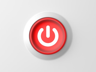 3d rendered front view of a glowing red power button on a white background.