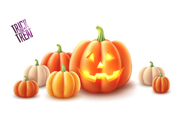 Vector jack o lanterns scary pumpkin face and gourd vegetables set for halloween holiday realistic symbol isolated. Traditional holiday decoration, autumn trick or treat kids event vegetable.