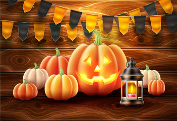 Vector halloween poster with jack o lanterns scary pumpkin face on wooden background with orange black realistic buntings. Traditional holiday decoration, autumn trick or treat kids event.