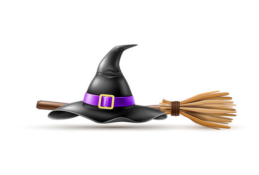 Vector halloween holiday elements - realistic witch pointed hat, broom on isolated background. Autumn traditional trick or treat spooky event, scary and magic design