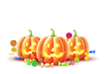 Vector jack o lanterns scary pumpkin face and sweet candy, lollipop halloween holiday realistic symbol isolated. Traditional holiday decoration, autumn trick or treat kids event vegetable.