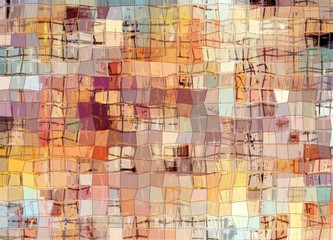 Colorful abstract mosaic work. Dirty art with orange, sand and green accents. Square mesh made with dark paint strokes