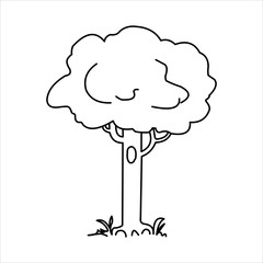 Tree With Hollow, Roots and Grass Near the Roots. Vector Image Isolated on white background, outline