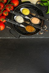 sauces, portion serving (ingredient). Top view. copy space