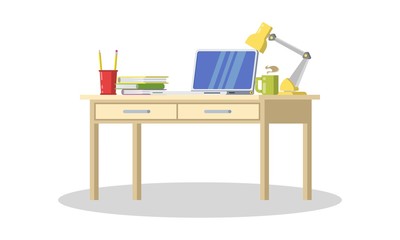 Modern desk with computer, lamp, folders, books, cup of tea or coffee, stationeries. Furniture item for interior of workplace at office or at home. Vector flat detailed icon isolated on white.