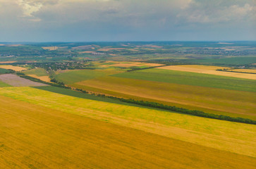 Top down view of fields with various types of agriculture. Beautiful lavender fields.