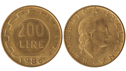 Used 200 Italian lire, 1986. Vintage bronze coin with woman portrait isolated on white.