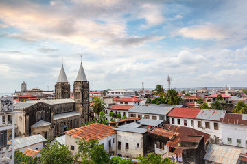 rooftop view over stone town zanzibar looking at corrugated iron roof sheeting