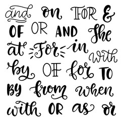 Vector handwritten catchwords and ampersands, conjunctions, prepositions vector set