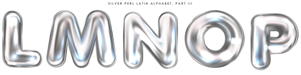 Silver perl foil inflated alphabet symbols, isolated letters L-M-N-O-P