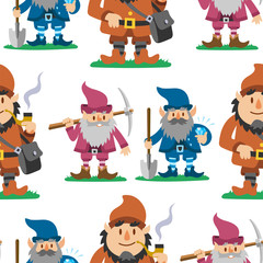 Fairy tale fantastic gnome seamless pattern background dwarf elf character poses magical leprechaun cute fairy tale man illustration