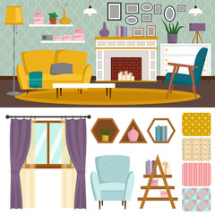 VIP vintage interior furniture rich wealthy house room with sofa set brick wall background illustration.