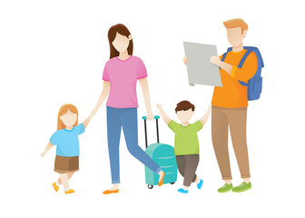 Family travel. Father mother, son and daughter at the airport. Traveling family on vacation. Vector illustration in a flat style