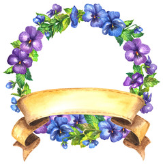 Watercolor pansies flowers round frame with ribbon