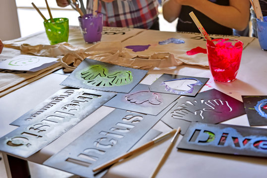 Valencia, Spain: 05.18.2019; The material for child workshop of serigraphy