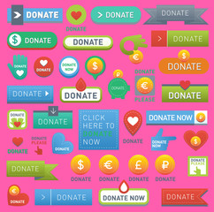 donate buttons help human hand money set in web style. Donation gift buttons charity, isolated web donate design sign contribute. Money giving symbol donate web heart elements set