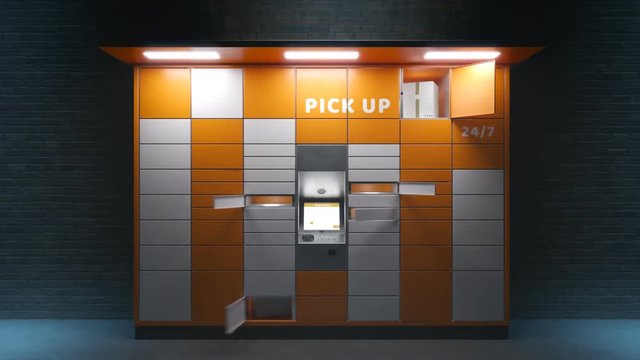 Loopable timelapse animation of the parcel locker. Doors open and close rapidly.