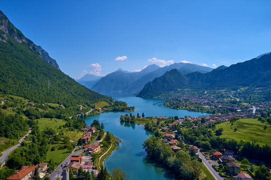 Aerial photography with drone. Panoramic view of Lake Idro in the north of Italy In the Alps.