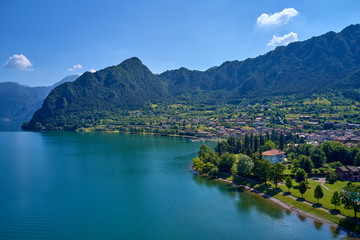 Aerial photography with drone. Panoramic view of Lake Idro in the north of Italy In the Alps.