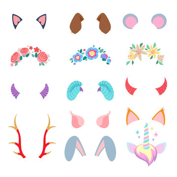 Video chat effects set with floral wreathes and animal ears and horns.