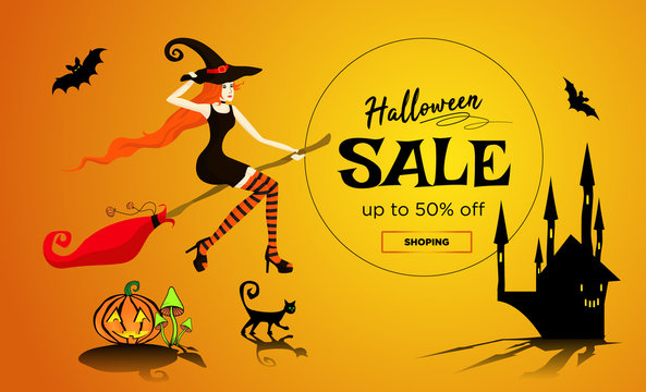 Halloween sale promotion poster, banner with a beautiful redhair witch flying on a broomstick, a black cat and dark castle. Glowing mushrooms and bats. Vector illustration