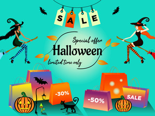 Naklejka premium Halloween sale special offer with two young woman dark-skinned and white-skinned in costumes of witches fly on a broom in the direction of sales. Vector illustration EPS 10 on blue gradient background