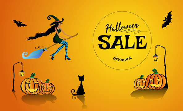 Halloween sale on discounts with a beautiful black witch flying on a broomstick. A funny pumpkin under the headlight and a black cat sitting. Vector illustration EPS10