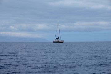 Distant view of a sailing tourist boat with calm sea and cloudy sky