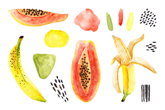Set of watercolor bananas, papaya, abstract spots, brush strokes. Isolated bright illustration on white. Hand painted fruits perfect for trendy design, poster, fabric textile, postcard, wallpaper